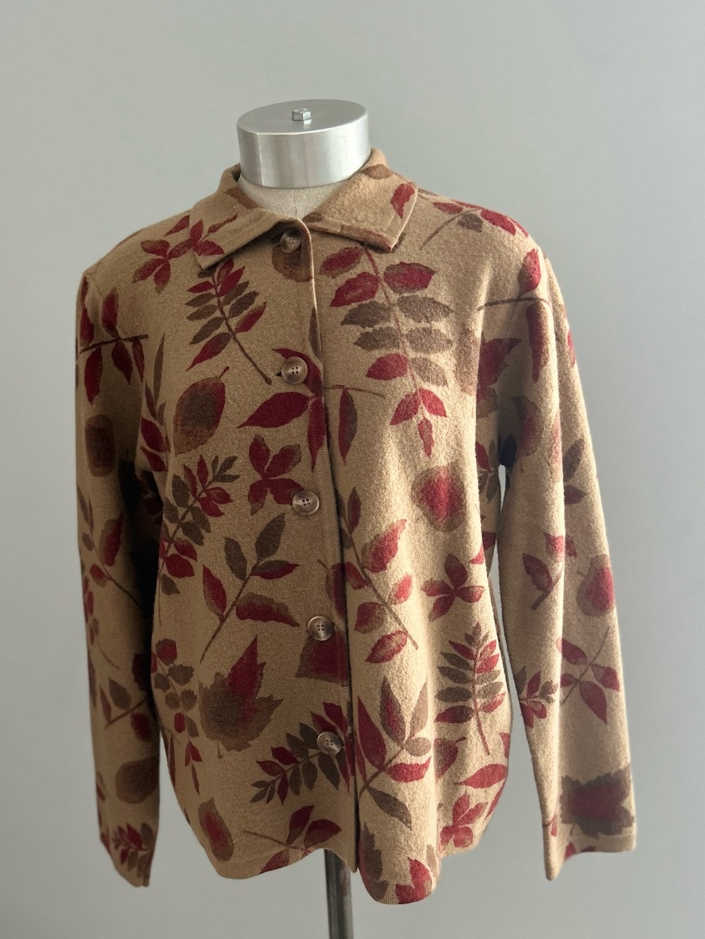 Vintage Pendleton Y2K merino wool cardigan women petite M leaf print sweater